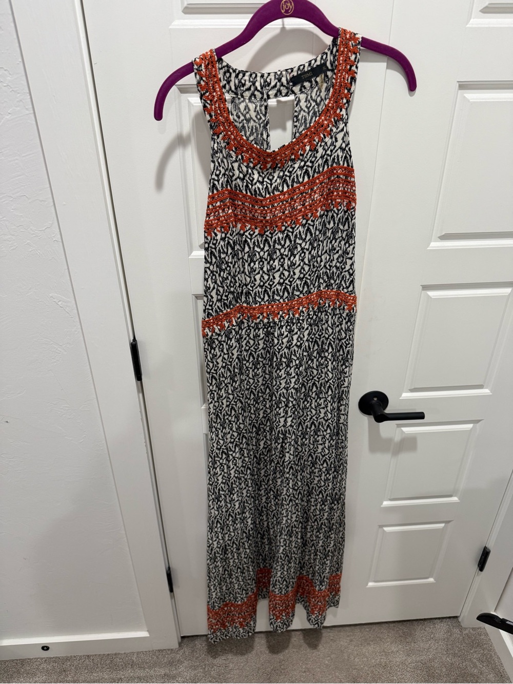 THML Black & White Maxi Dress with Rust Trim and cardigan